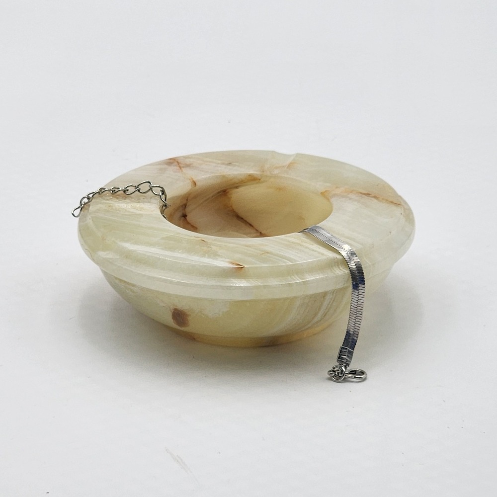 Vintage Onyx Marble Ashtray Small Rimmed Round Carved Natural Stone 4" Pakistan